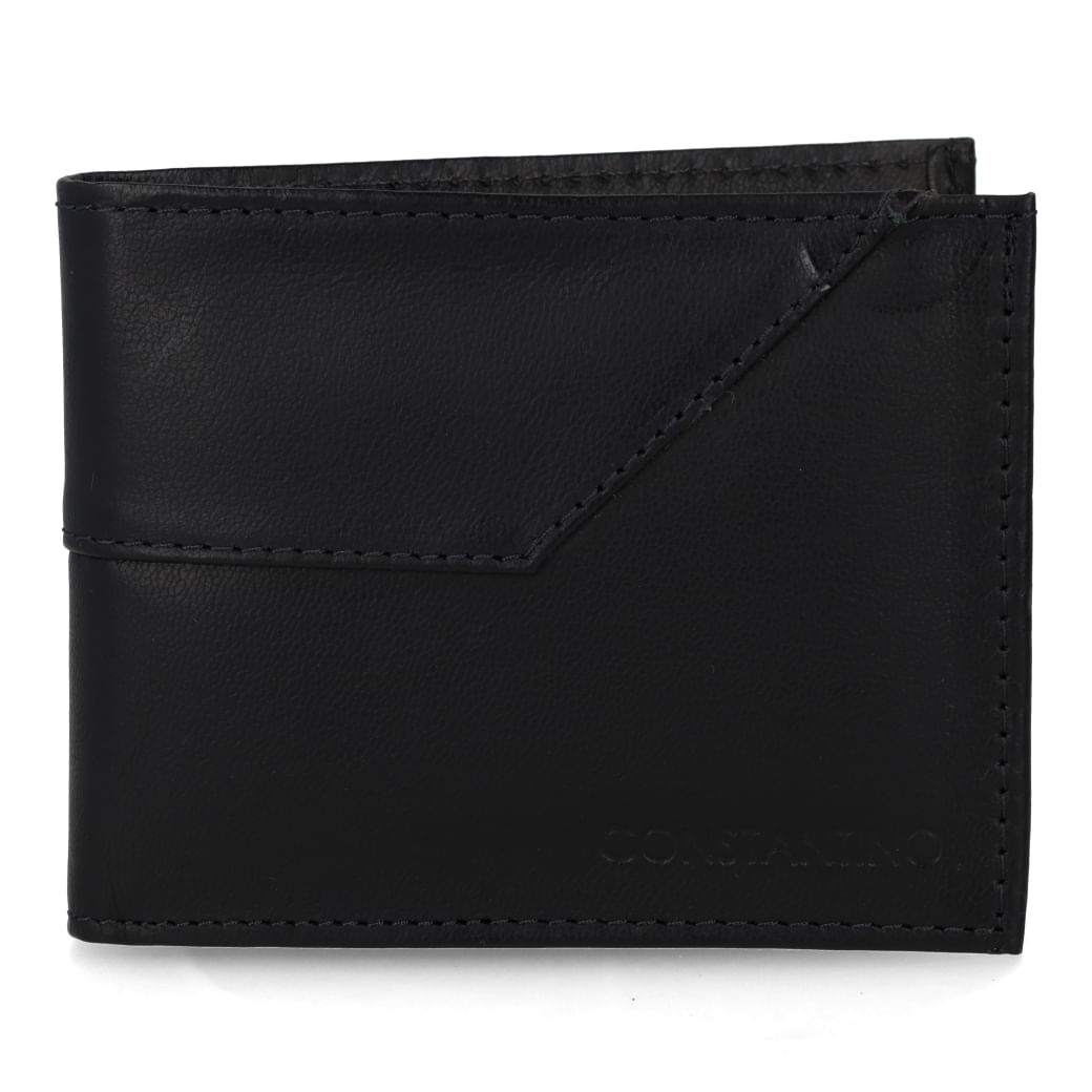 Carteira masculina Constantino em couro sintético preto, vista frontal fechada com detalhes de costura
